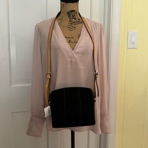 NM Suede black crossbody with tan brown straps